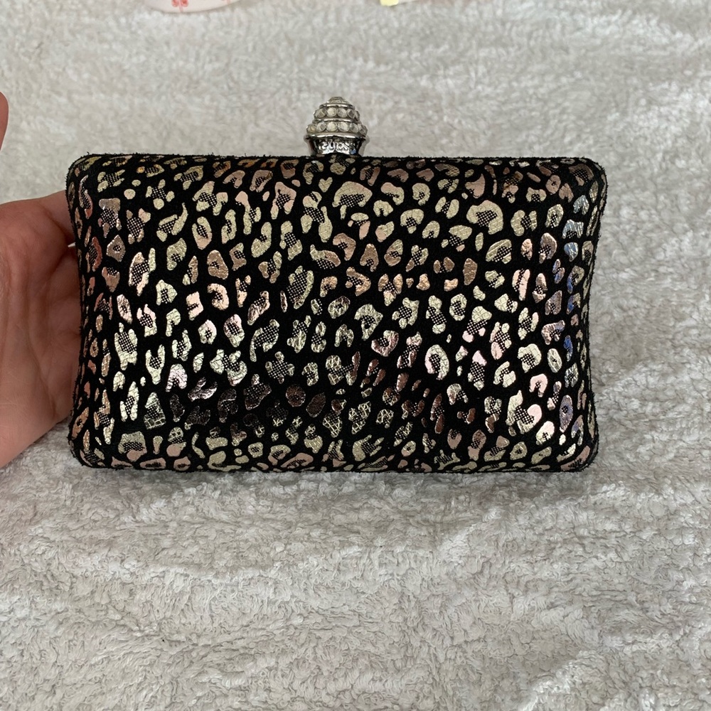 Guess black and gold leopard print evening box clutch